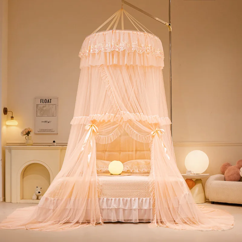 Princess Hung Dome Bed Canopy for Girls Double Layer Sheer Mesh Bed Tent Curtain Round Lace Princess Mosquito Net