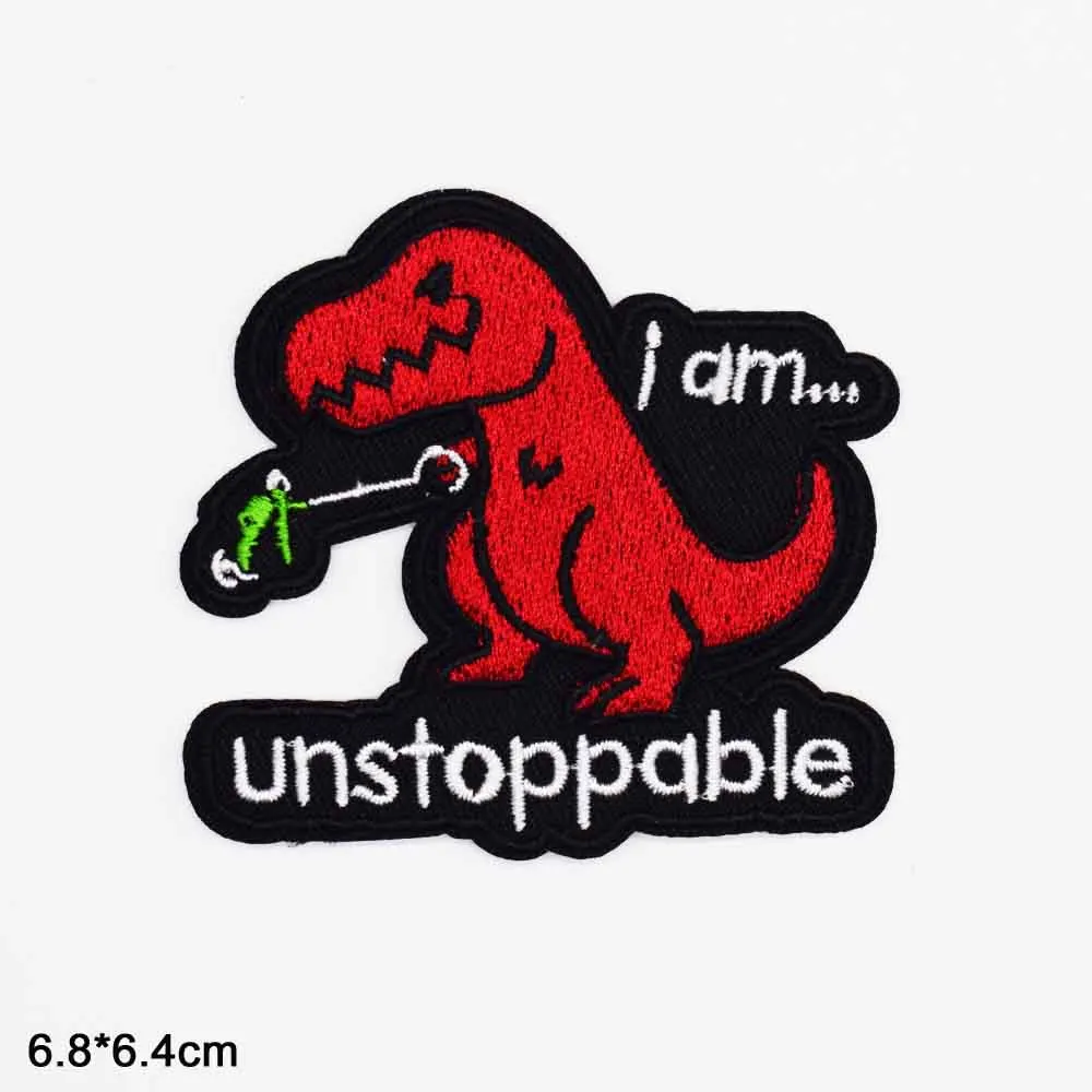 Red Unstoppable Dinosaur Animal Iron On Full Embroidered Clothes Patches For Clothing Stickers Garment Wholesale