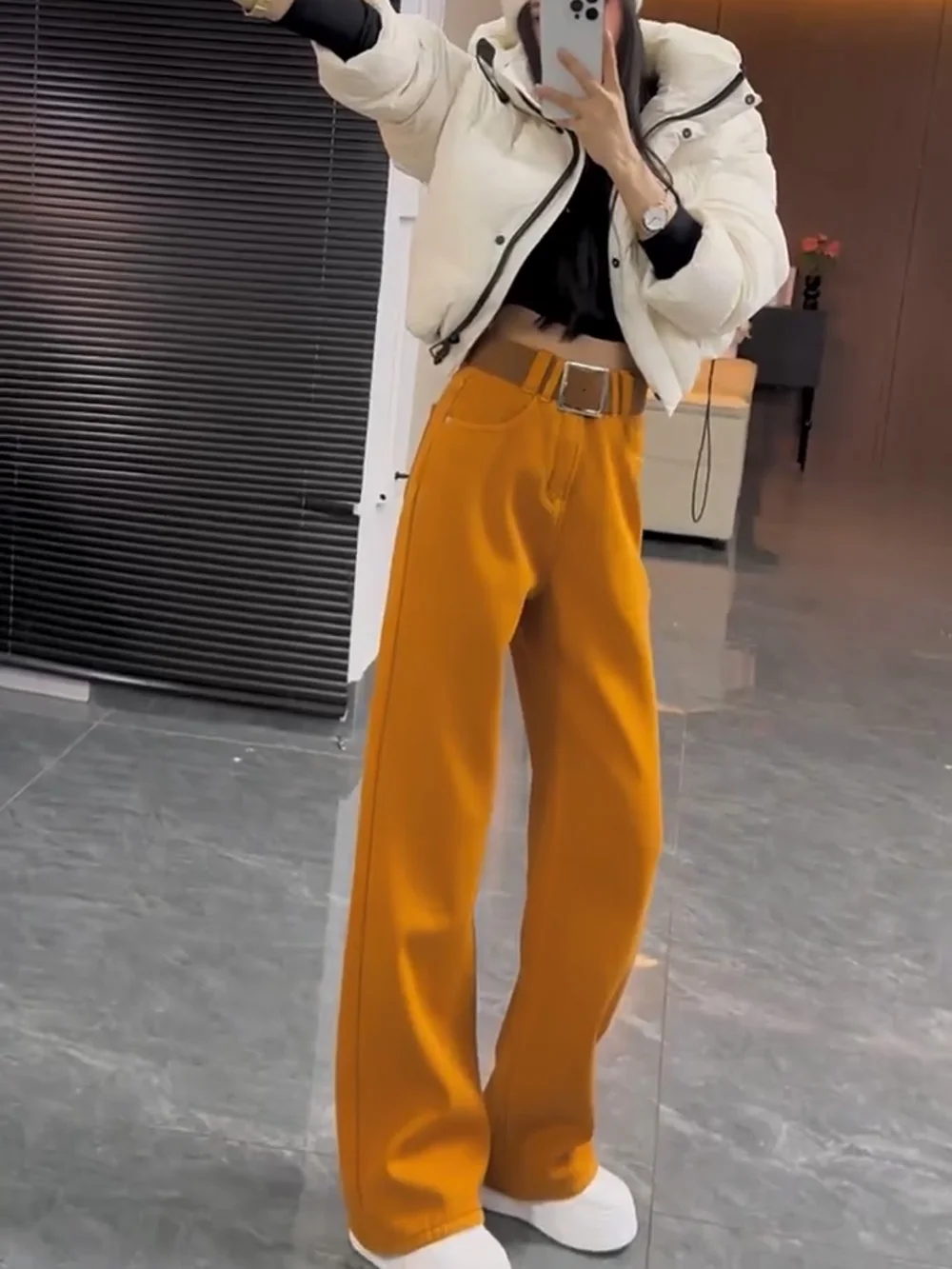 

Orange Fce Lined Thi High Waist Straight Leg Jeans Women's 2025 New Faion Casual Pants Slim Wide Leg Long Trousers