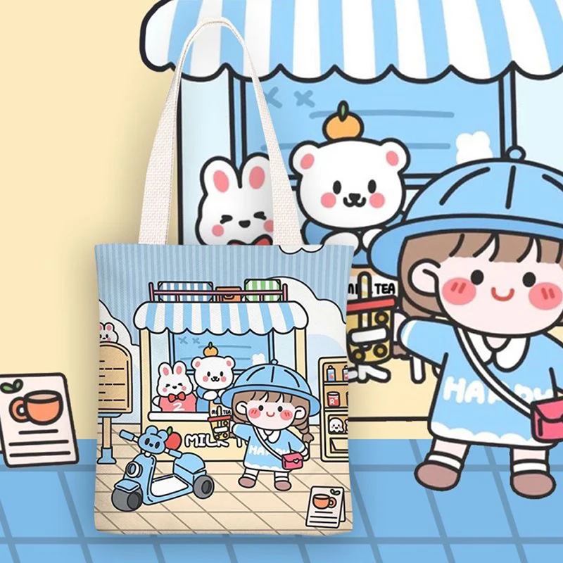 

Cute Canvas Bag Student Bag Large Capacity Tote Bag Cartoon Shoulder Bag Tote Bag Shopping Canvas Bag