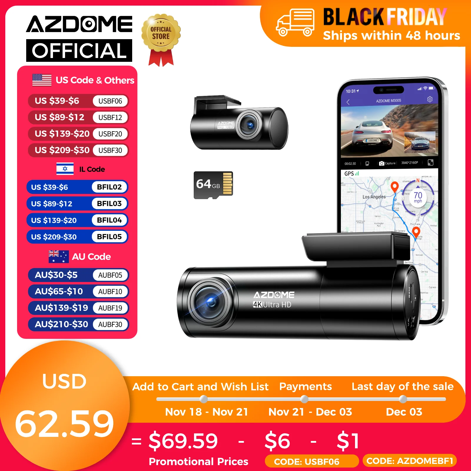 AZDOME M300S Dash Cam 4K+1080P Car Rear Camera Dash Cam 800MP Lens Built-in GPS WIFI Car DVR Voice Control Night Vision 후방카메라