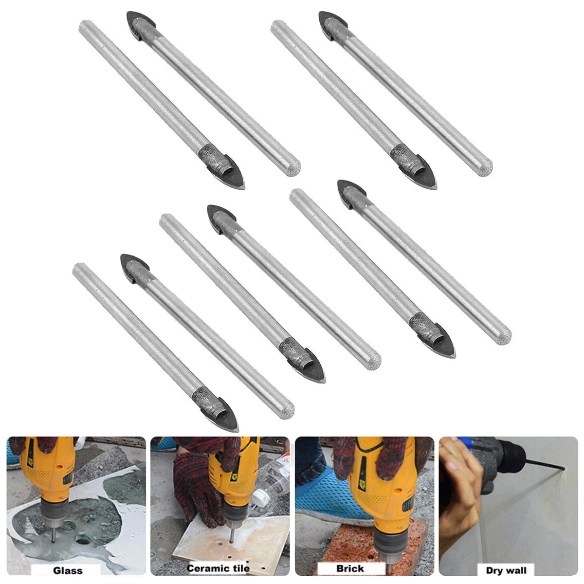 

10 pcs Alloy Drill Bit Durable Premium Material Reinforced Head Anti Rust Sharpened Edges Glass Ceramic Tile Hard Brittle
