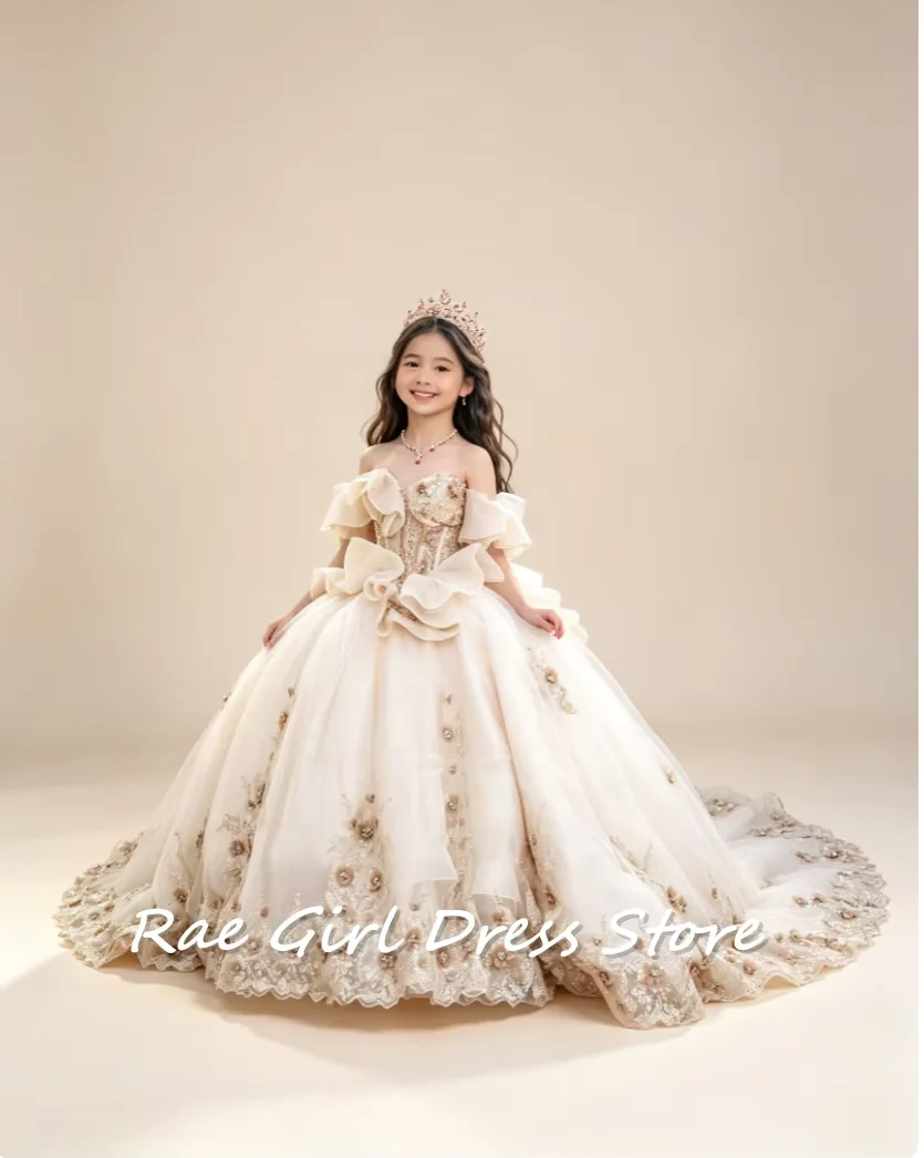 Champagne Tulle Flower Girl Dress Off Shoulder Ruffle Sleeve Gold Floral Lace Embroidery Formal Birthday Dresses Customized