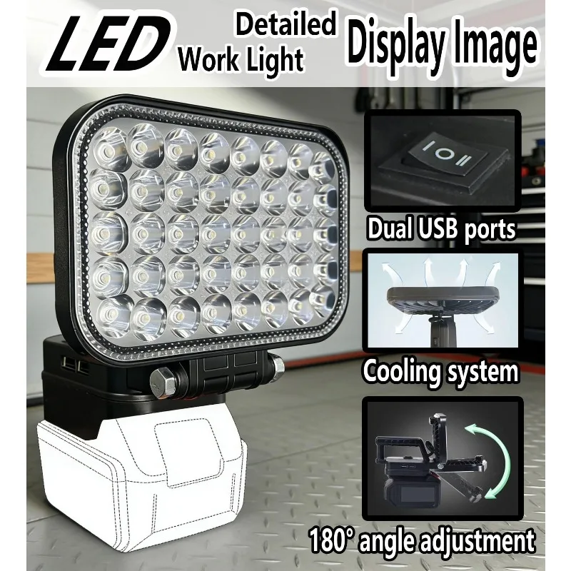 Portable LED Work Light for Makita 18V Li-ion Battery Wireless Construction Site Floodlight for Outdoor Camping with 2 USB Ports