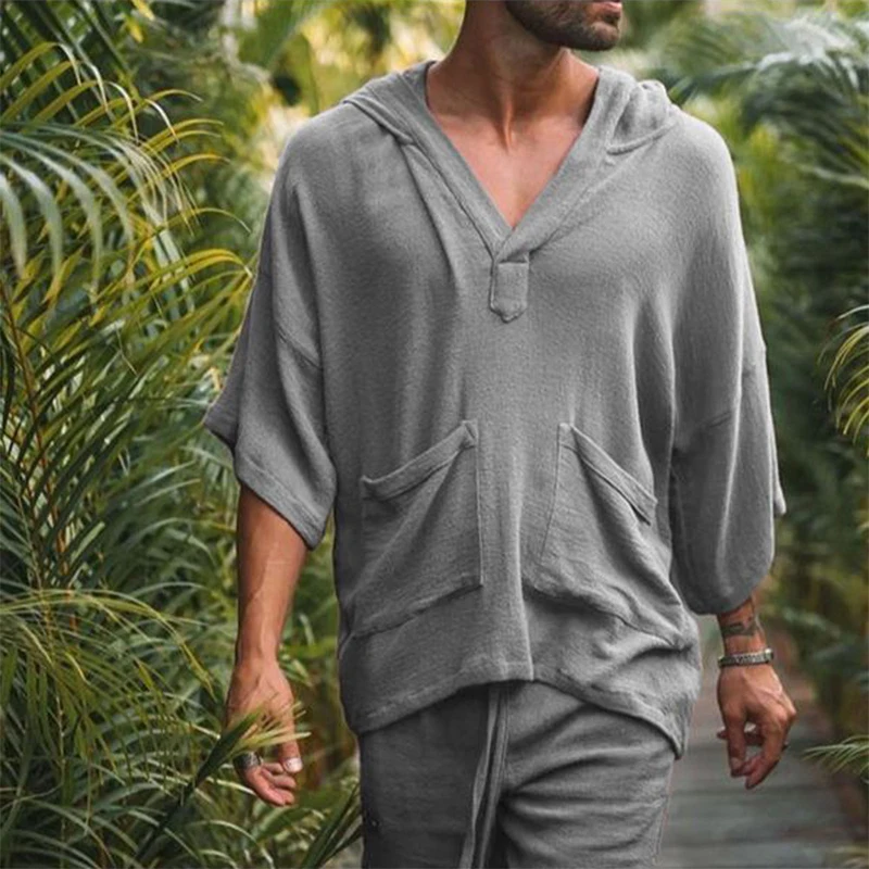 Conjunto de 2 unidades de camisa de lino y algodón para hombre, Tops informales holgados, pantalones cortos, traje, pijamas de manga corta,