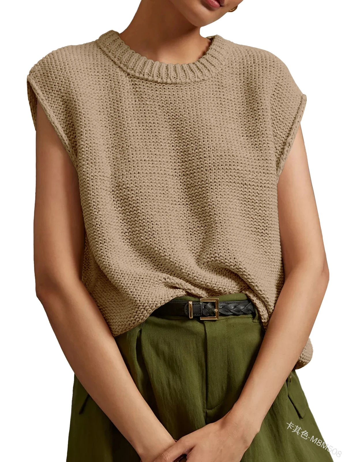 Solid Color Crew Neck Knitting Sweater Women Sleeveless Casual Loose Tops Streetwear Pullovers Fashion Daily Autumn Y2k Clothes