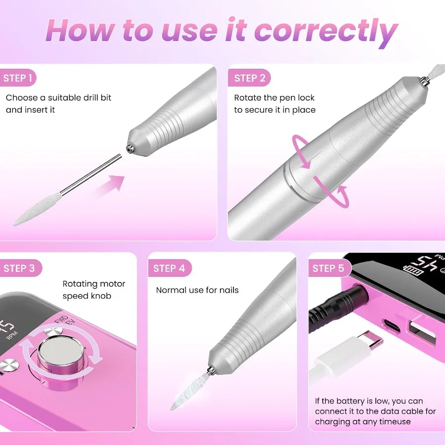 Draagbare draadloze elektrische nagelboor voor acrylnagels: oplaadbare professionele manicure-pedicure-gereedschapsset met meerdere bits
