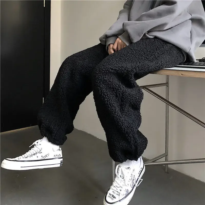 

Baggy Casual Straight Trousers Korean Style Winter Lamb Fluffy Warm Thick Sweatpants Joggers Women Harajuku Wide Leg Harem Pants