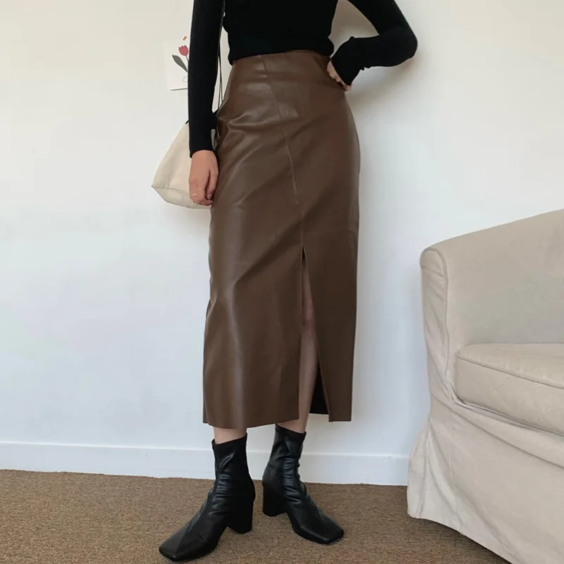 Skirts for Women Split PU Leather Skirt High Waist A-line Skirt