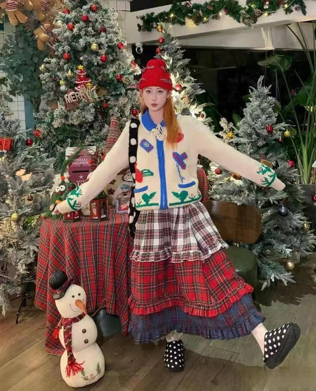 

Designer Christmas Plaid Lace Ruffles Maxi Skirt Cake Long Skirts Autumn Women A-line Midi Skirts England Classic Retro Skirt