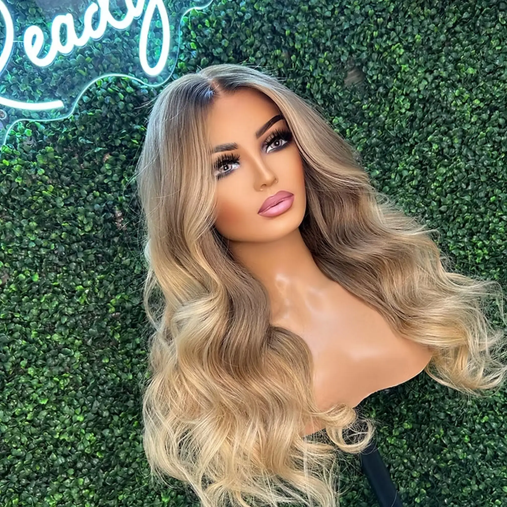 22 Inches Omnre Ash Blonde Synthetic Lace Frontal Wigs Body Wave Highlights Realistic Look Natural HairlineOriginal Factory Wig