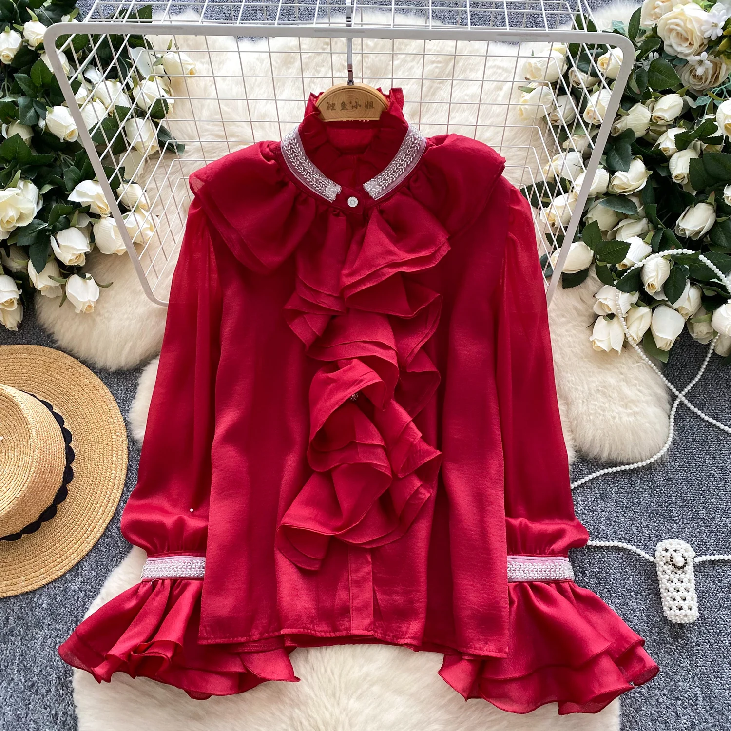 

Vintage Blouse Spliced ruffle flare sleeve long sleeve Elegant Fashion Women hotsweet Shirt women clothing
