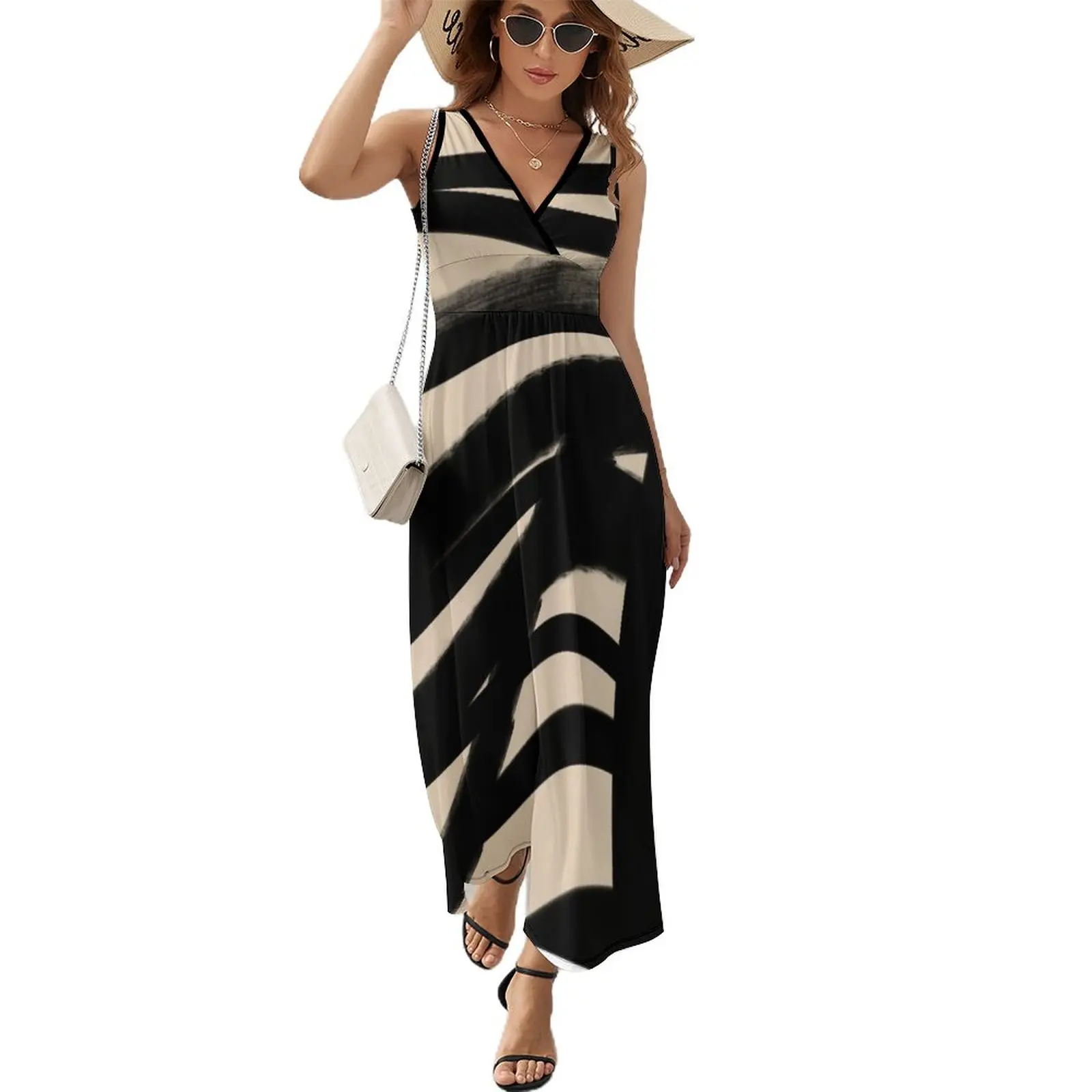 

BLACK AND BEIGE Lines Graphic P. Soulages Spirit Sleeveless Dress Woman dresses Women's summer skirt