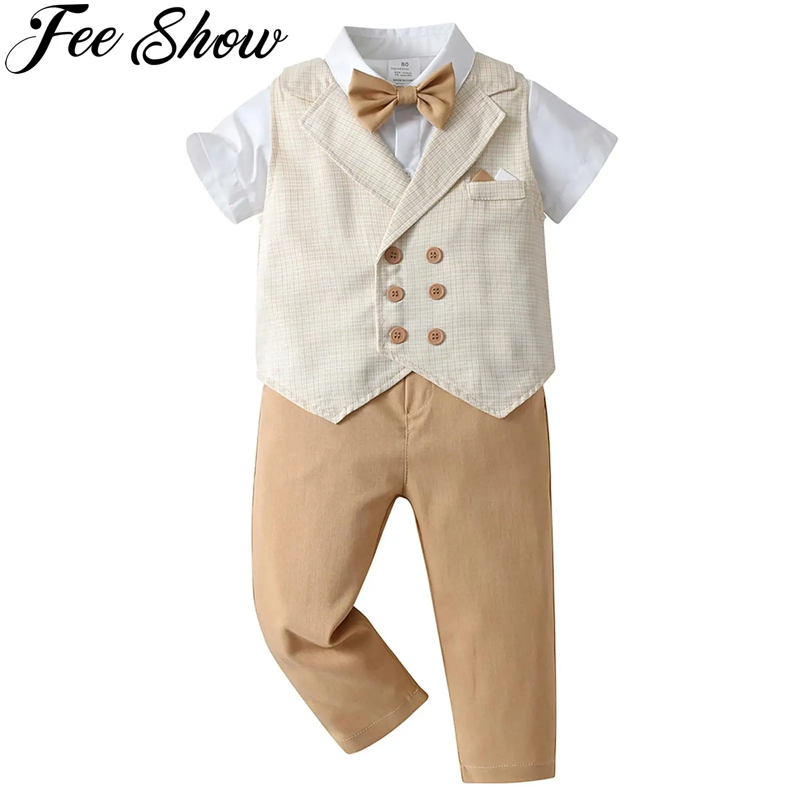 

Toddler Boys 3Pcs Clothing Sets Short Sleeve Shirt+Waistcoat+Pants Set Formal Suits Gentleman Outfits Set Cotton Summer Clothes