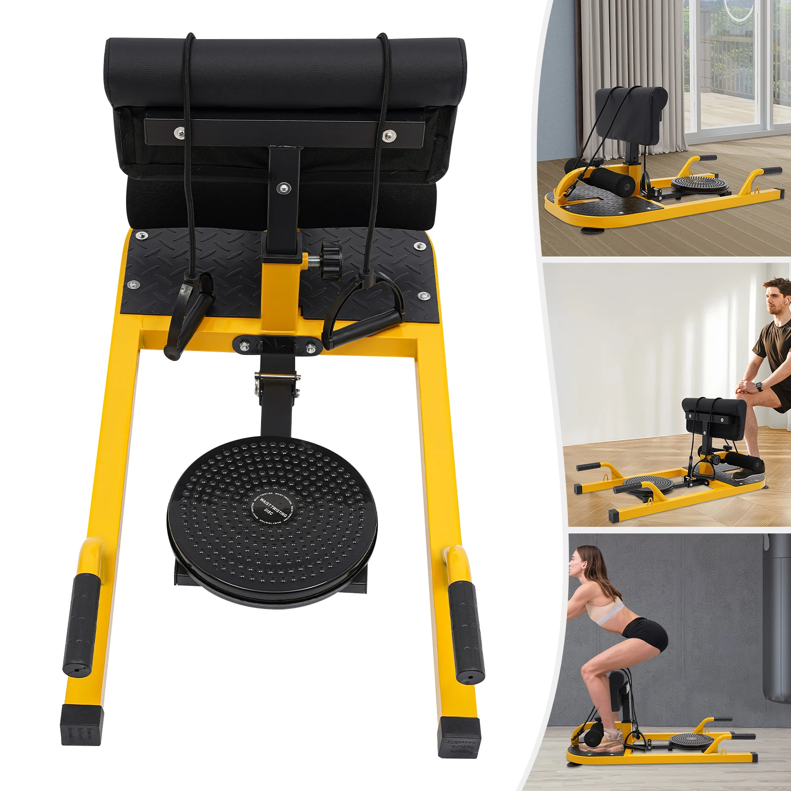 Máquina de sentadillas profundas de acero, máquina de sentadillas profundas Ajustable amarilla y negra de pie 94*44cm para tren Abs, muslos y glúteos