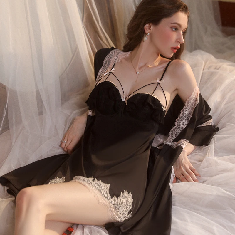 Robe ชุด Underwire ลูกไม้ชุดนอนเซ็กซี่ผู้หญิงผู้หญิงชุดราตรี Gathering ผู้ถือหน้าอก Nighty สําหรับภรรยาหญิงเซ็กซี่ชุดชั้นใน