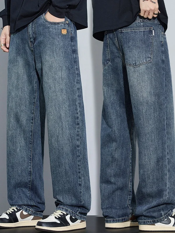 Men's Casual Straight Leg Work Jeans Elastic Cotton Denim Wear Resistant Loose Fit Spring Autumn Wear for Daily Use