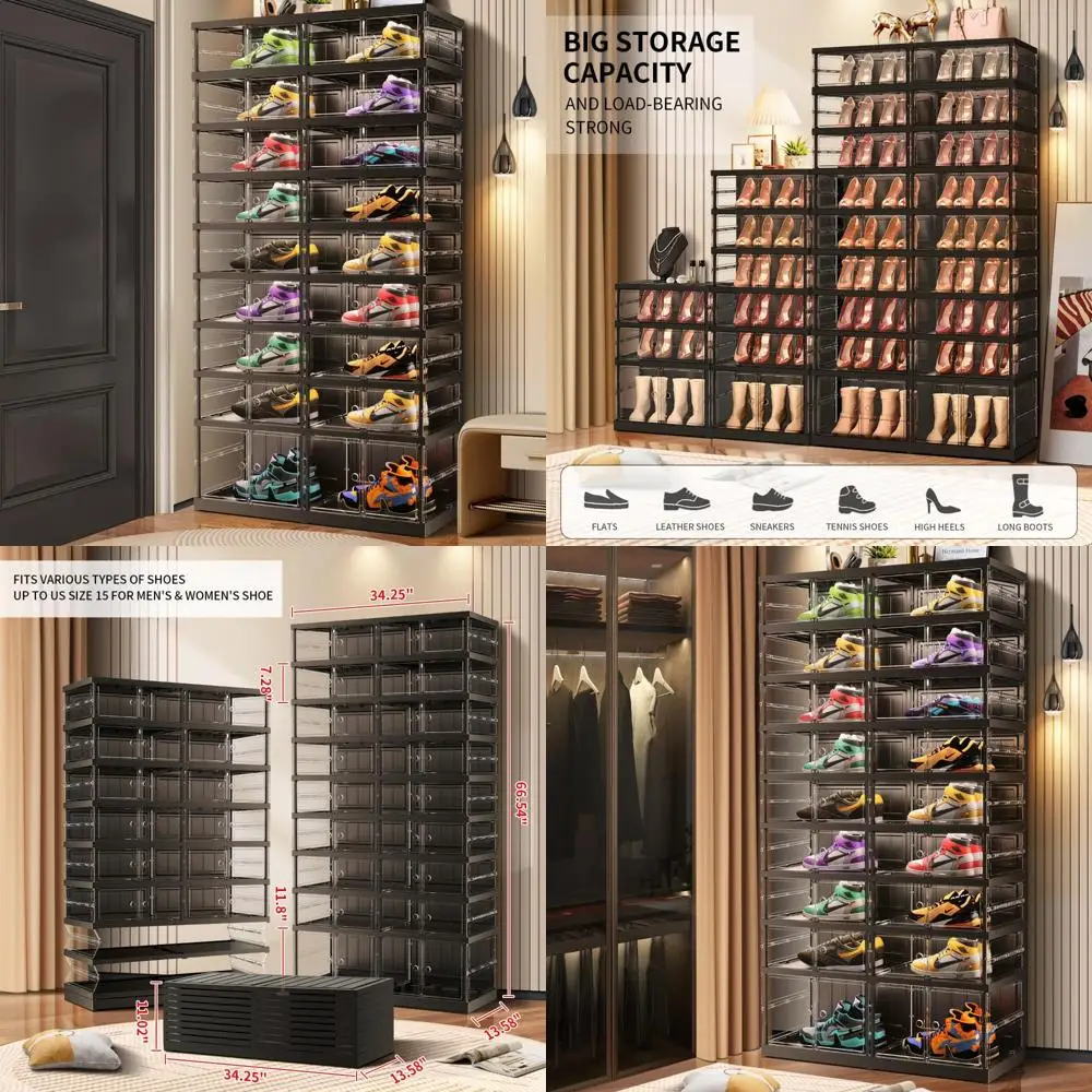 

Stackable Clear Plastic Shoe Storage Organizer for 18-36 Pairs, Foldable Shoe Rack for Closet and Entryway