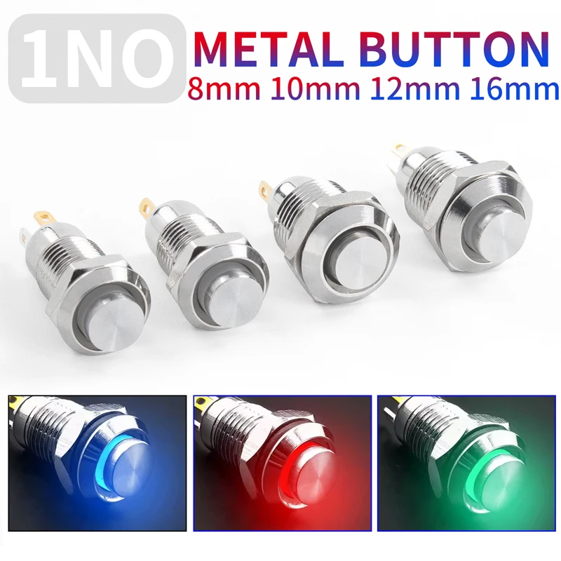 

1NO High head 8/10/12/16mm Waterproof Metal Push Button Switch LED Light Self-locking/reset 3/6/12/24/220V (brass) white shell