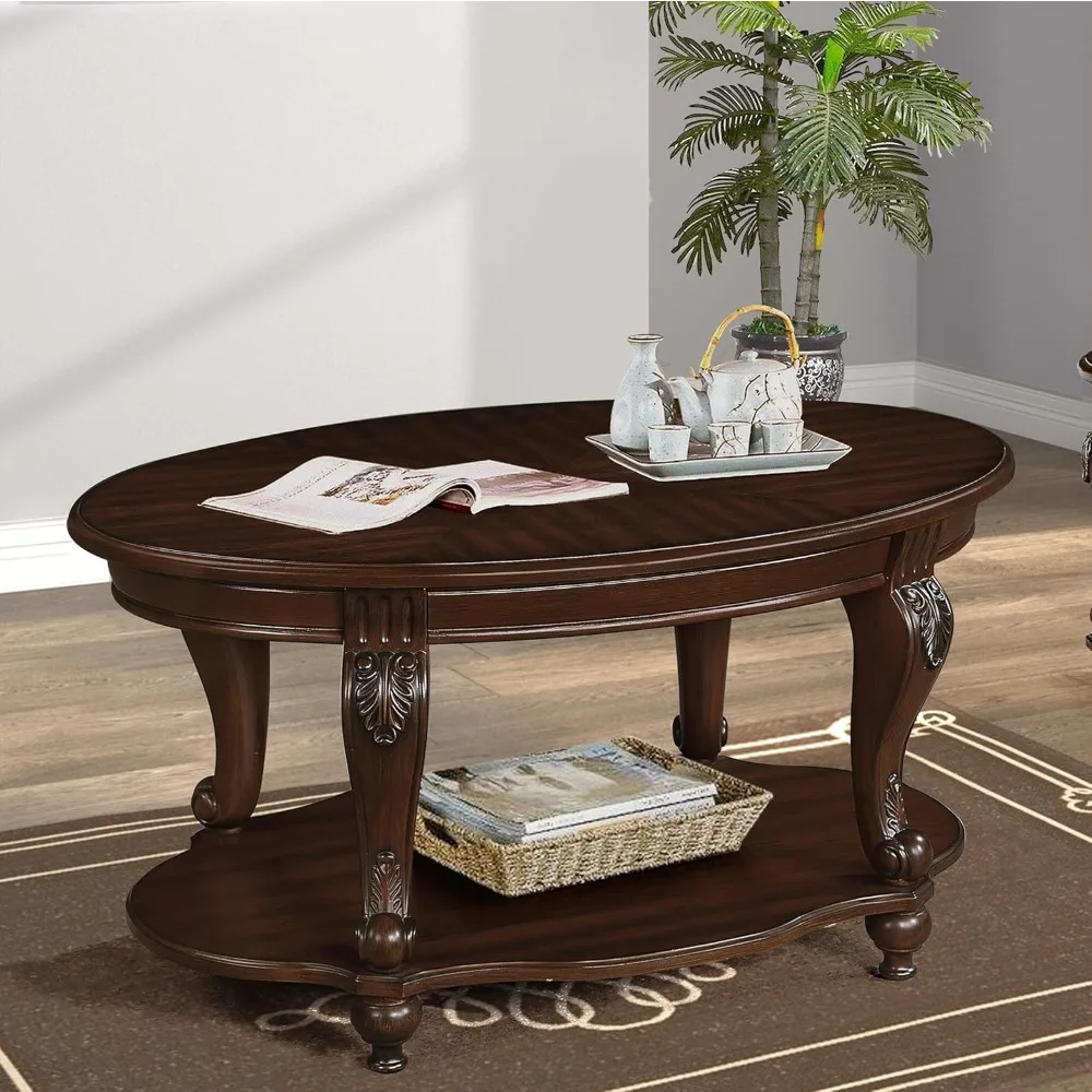 

Solid Wood Coffee Table with Storage Shelf 42" Oval Coffee Tables for Living Room Farmhouse, Antique Elegant Carved Legs,