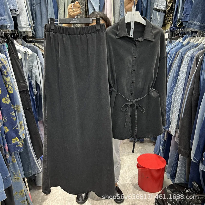 

Джинсовый комплект Юбка Комплекты Дизайнерская приталенная талия Свободная посадка Джинсовая рубашка с длинными рукавами Топ Юбка с эластичной резинкой на талии Комплекты из 2 предметов Женская одежда