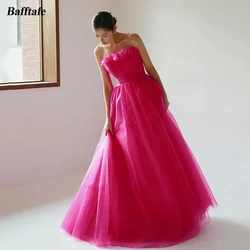 Bafftafe Fuchsia Tulle Long Prom Dresses Customized Pleated Strapless Korea Lady Evening Dress Formal Party Women Gowns 프롬드레스