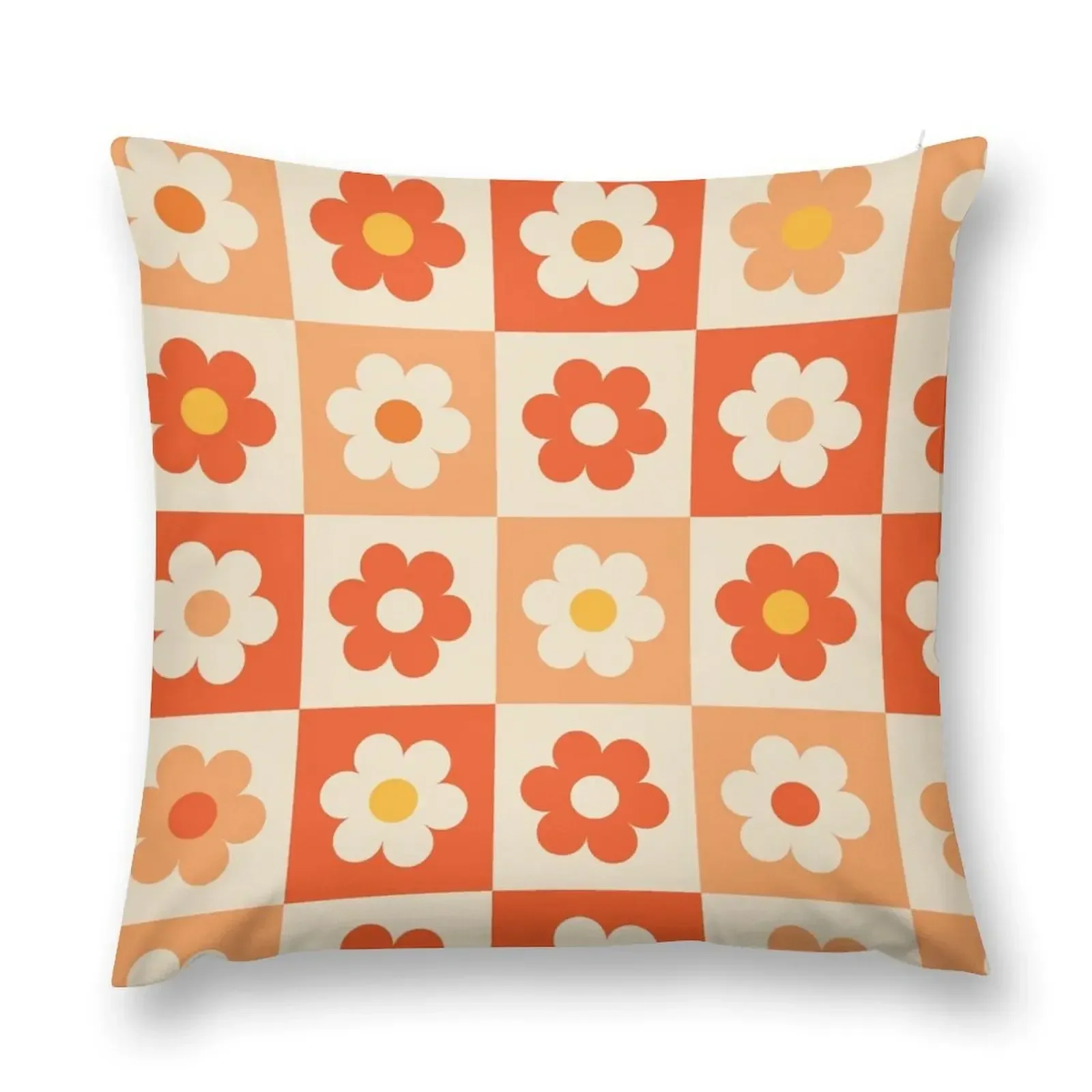 

1960s 1970s Vintage Retro Hippy Boho Flower Power Daisy Beige Yellow Orange Checkerboard Throw Pillow Cushions Home Decor pillow