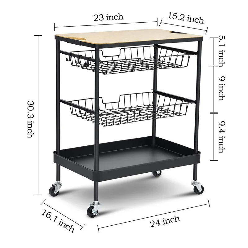 Kitchen Island Serving Truck With Wood Tabletop, 4-Tier Rolling Storage Truck With 2 Basket Drawers, Kitchen Truck With Wheels