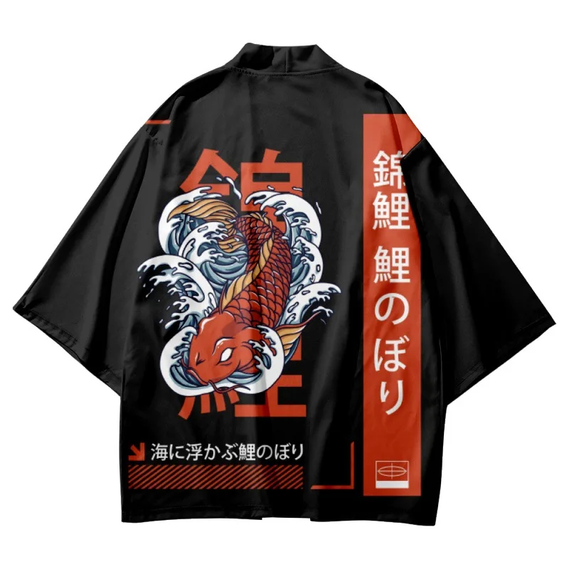 

Harajuku Traditional Asian Clothing Japanese Cardigan Cool Kimono Koi Print Black Beach Yukata Women Men Cosplay Haori Pants