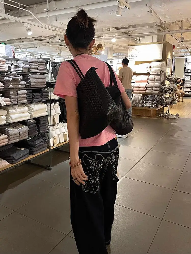 بنطلون جينز أمريكي عتيق واسع الساق للنساء Y2K مطرز باللون الأسود من قماش الدنيم عالي الخصر وفضفاض