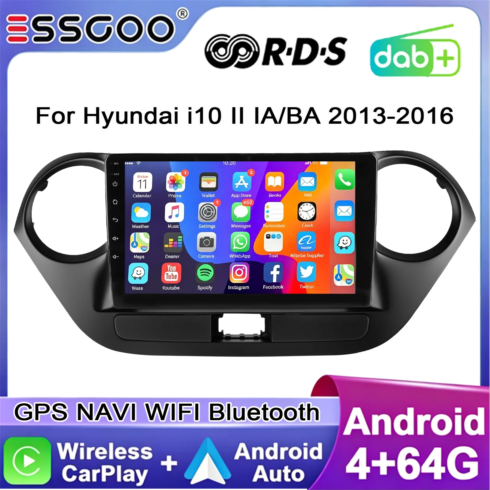 ESSGOO 9" Android 15 4+64GB Autoradio für Hyundai i10 II IA/BA 2013-2016 Kabelloses CarPlay Stereo Multimedia-Videoplayer Automotive 2 Din Autoradio DAB+