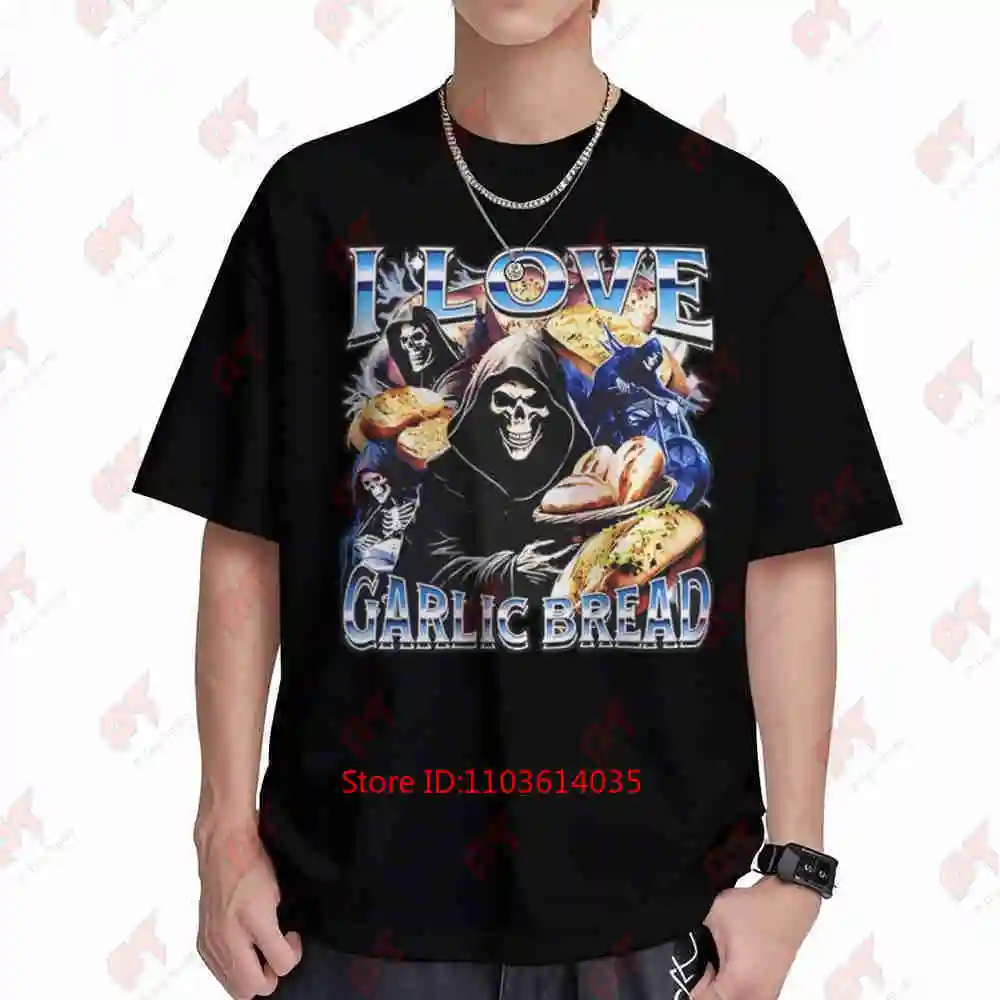 Gothic I Love Garlic Bread Skull Short Sleeve Tee 100% Cotton T-Shirt