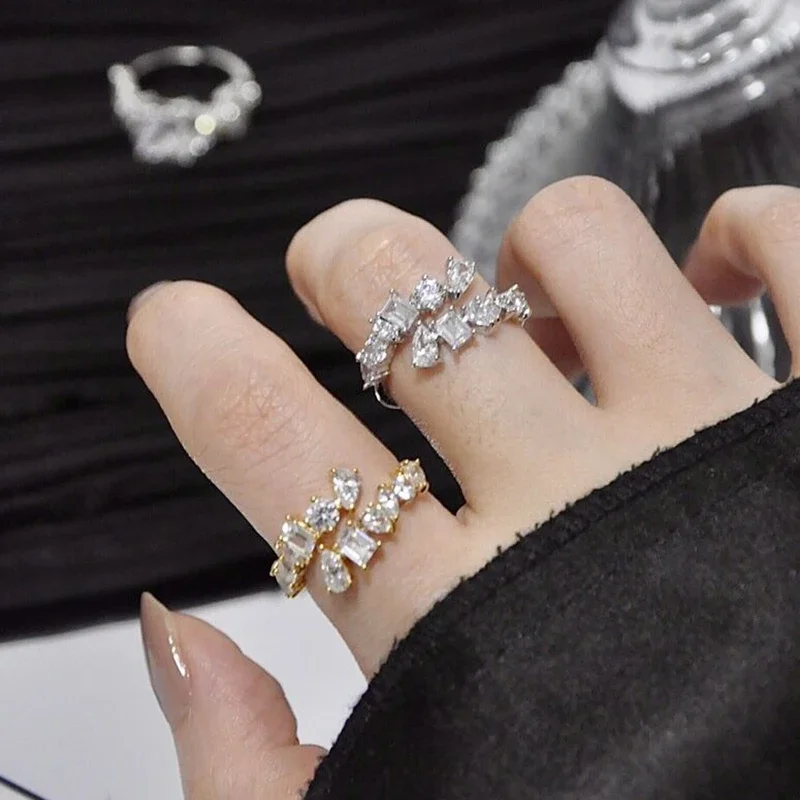 Irregular AAA Zirconia Couple Wedding Openable Rings for Women Silver Color CZ Adjustable Ring Jewelry for Party Anillos Mujer