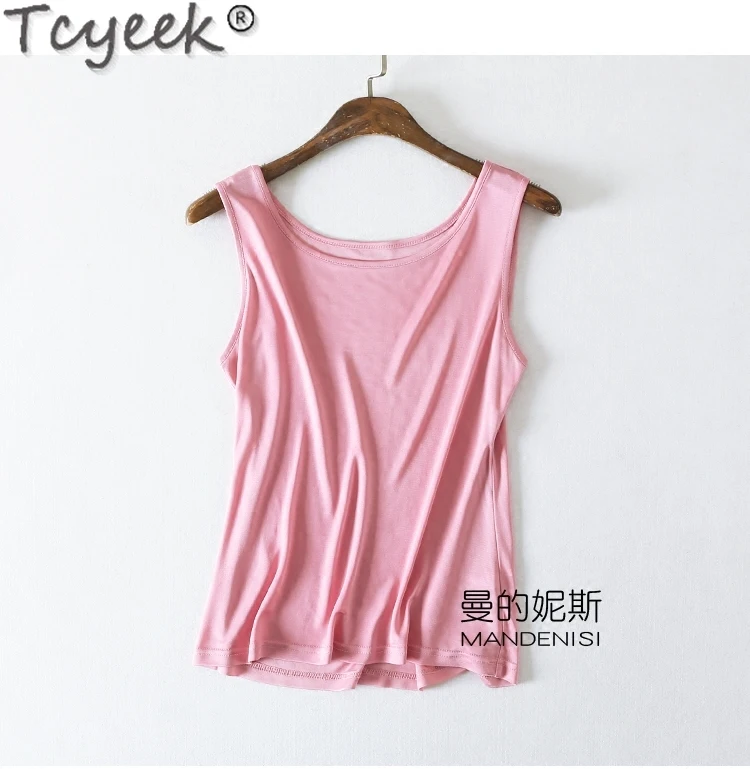 Tcyeek Real Mulberry Silk Womens Tanks Sleeveless T-shirts Tank Top for Women 2023 Elegent Vest Summer White Tops Slim Fit