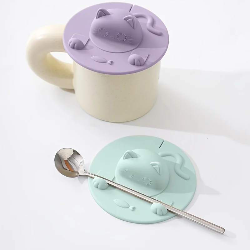 Cat‑Shape Silicone Cup Seal Lid, Reusable Dust‑Proof Universal Mug Cover, Built‑in Phone Stand Tea Bag Holder