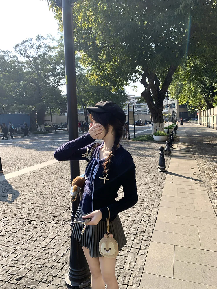 Coreano sle torção v-ne camisola feminina outono inverno faion sensação interior única base irt topo emenda falso de duas peças