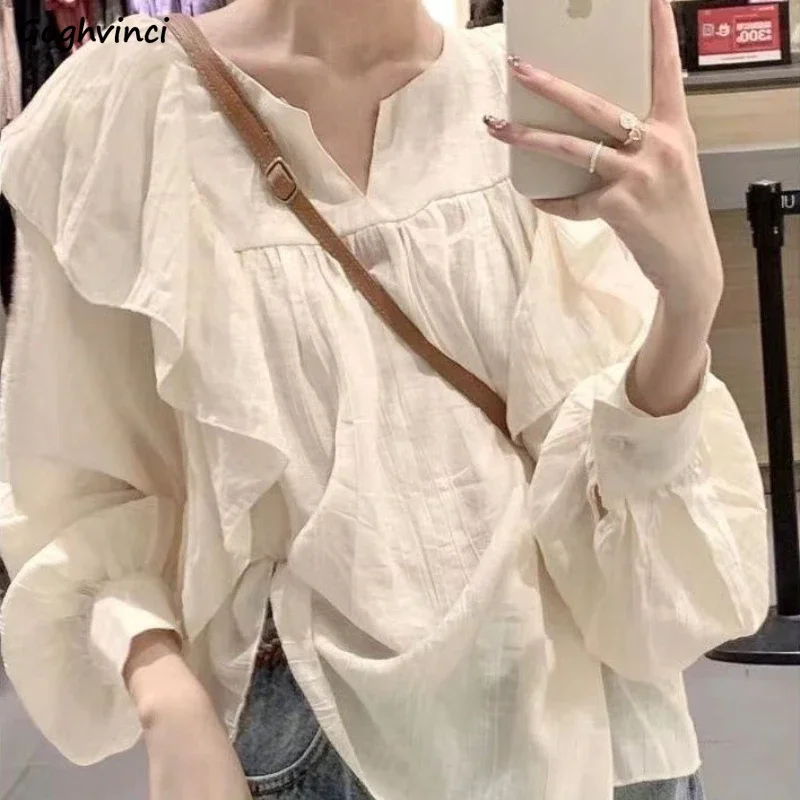 

Блузки женские в корейском стиле однотонные шикарные модные топы с длинными рукавами элегантные свободные женские осенние женские блузки милые пышные Ins