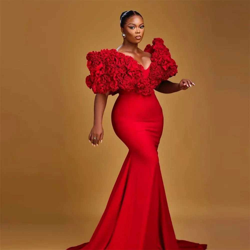 Encantador vestido rojo de baile con flores dobladas en 3D, vestido de fiesta de sirena con cuello en V para mujer africana, vestido de noche para ocasión Formal, personalización