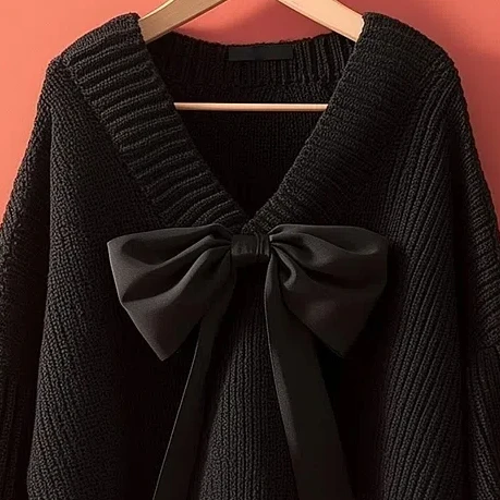 Black Bow Knit Sweater with a Lazy and Luxurious Feel Unique and Super Beautiful Top