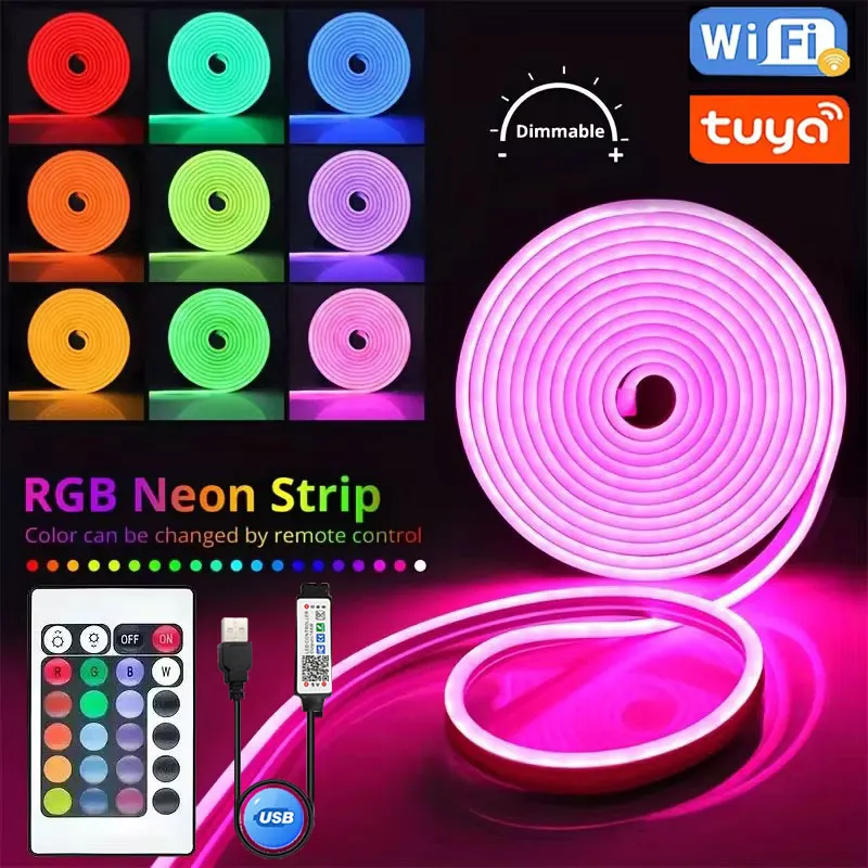 Bluetooth Tuya Wifi Usb Rgb Led Neon Strip Light 5V Waterproof Neon Rope Lights Work With Alexa 1M 2M 3M 5M Diy Flexible Ribbon