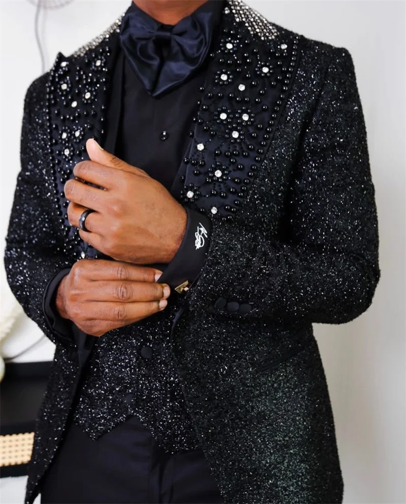 2 Pcs Black Crystal Men Suits Set (Blazer+Vest) Bling Sequins Beaded Wedding Tuxedo Tailored Made Formal Office Prom Jacket Coat