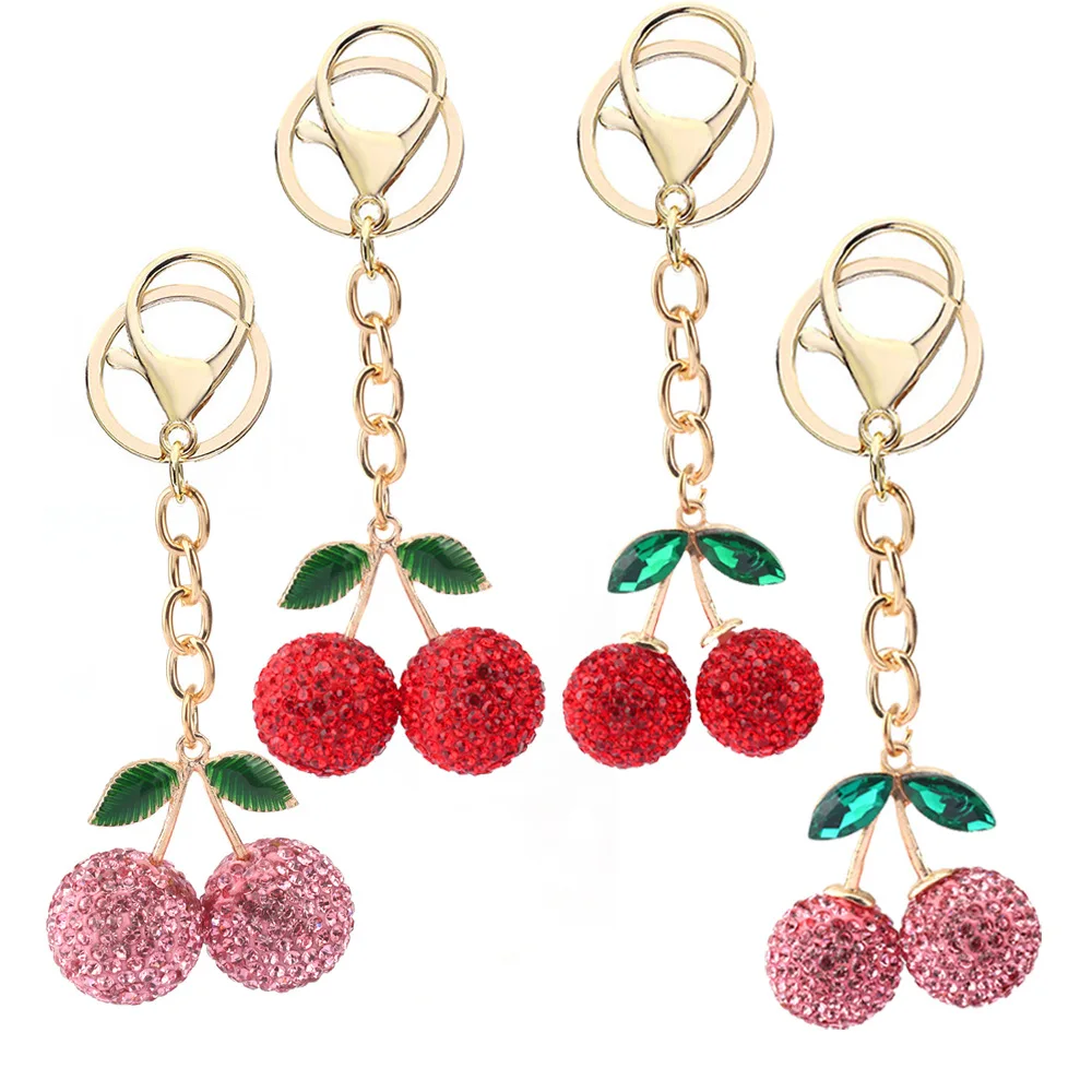 Colgante de llavero de cereza con diamantes, cerezas, colgante de llave de coche, decoración de bolso de mujer