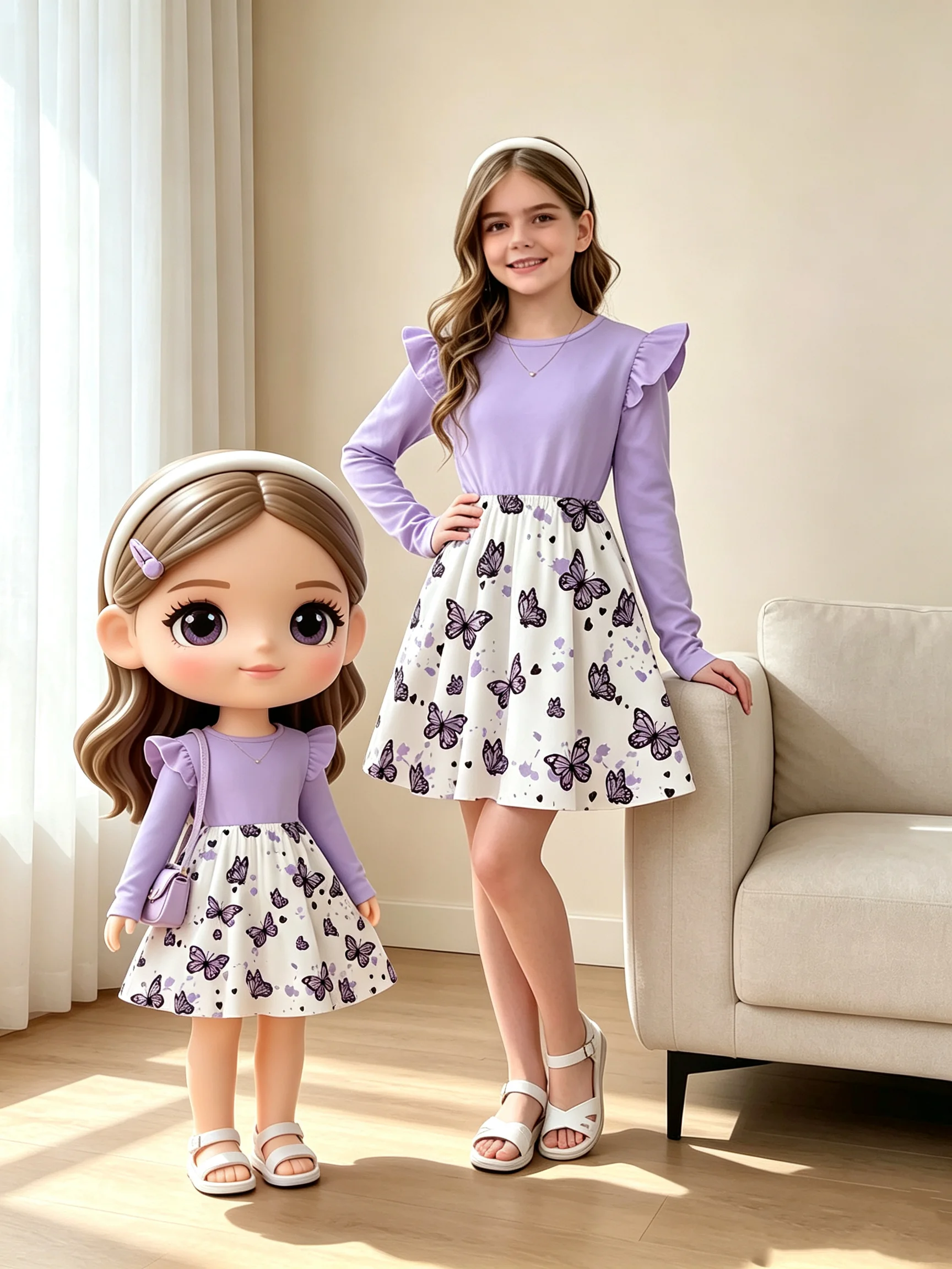 Vestido Casual Infantil com Estampa de Borboleta, Decote Redondo, Mangas Longas com Babados e Saia Midi com Cintura Ajustada