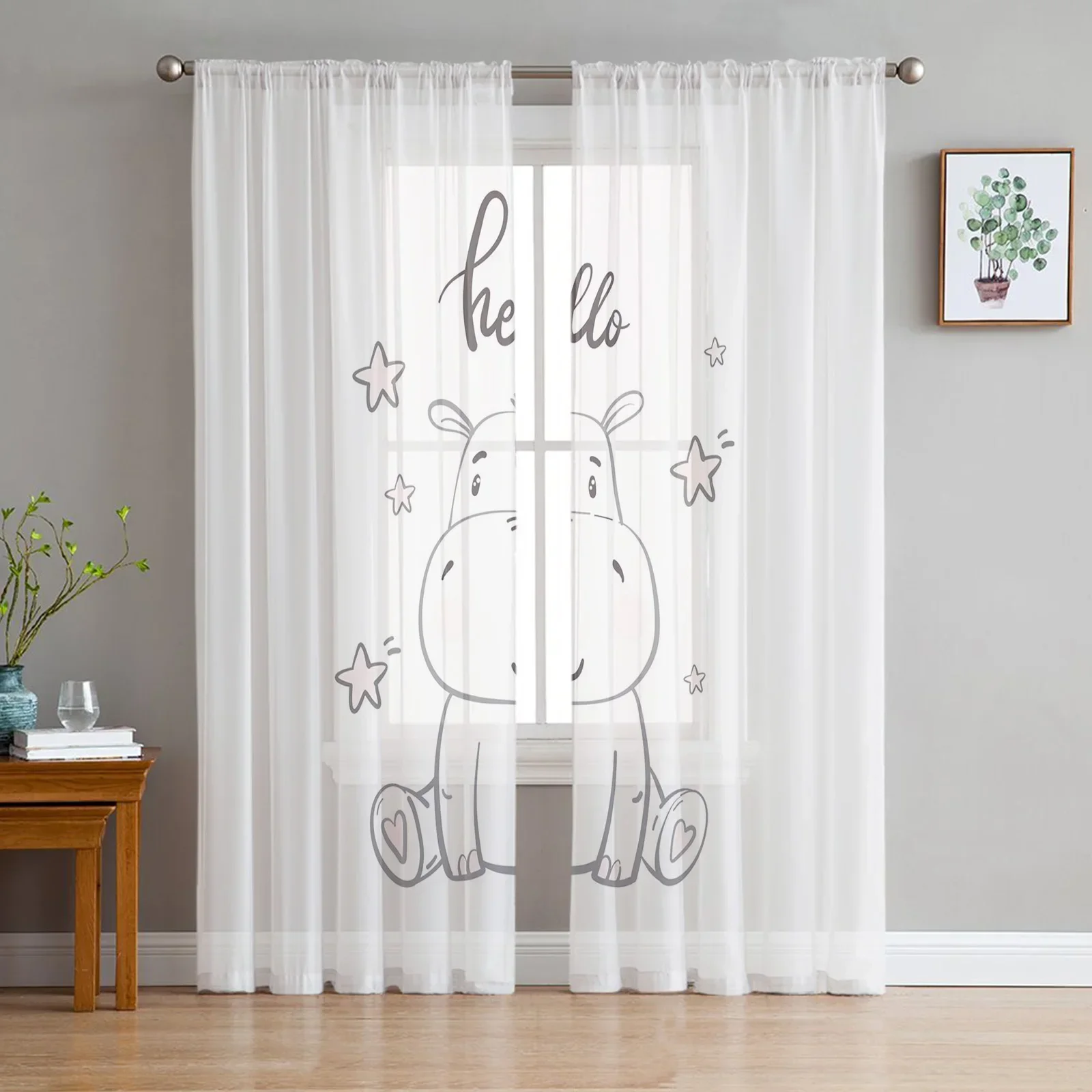 Kawaii Stars Hippo Baby Cute Animal White Tulle Sheer Curtains for Living Room Bedroom Decor Window Curtain Voile Organza Drapes