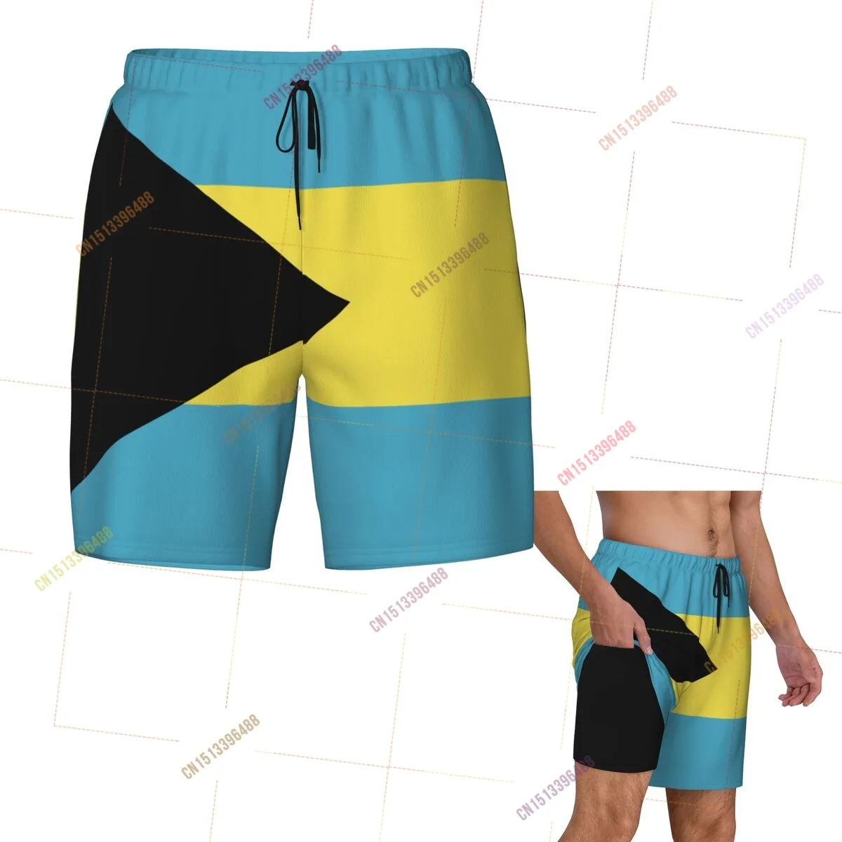 2026 Bahamas Flag Top Print 3D Mens Swimming Trunks Hawaiian Bathing Beach 2 in 1 Quick-Dry Summer Swim Shorts With Pockets