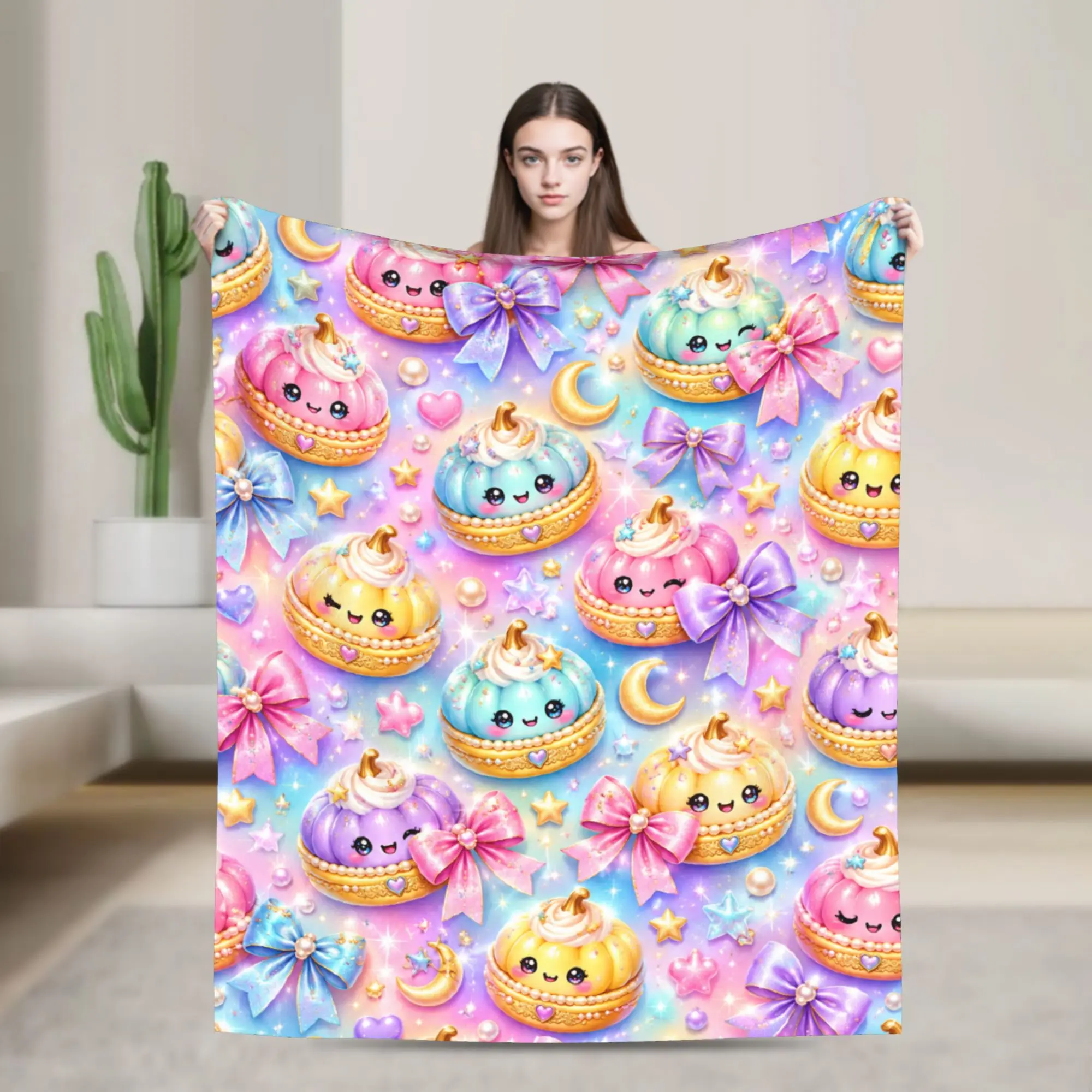 1pc Rainbow Cartoon Xiaolongbao Bowknot themed Blankets  Soft Graphic Plush Throw Blanket For Girls Flannel Bedspread Bed Cover