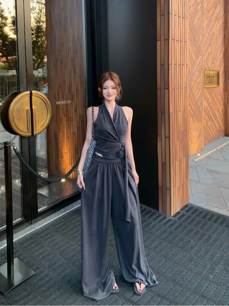 

Casual Gray Two-Piece Set Belted Slim Fit Sleeveless Vest Women's Summer High Waist Wide Leg Pants Fashion Ensemble