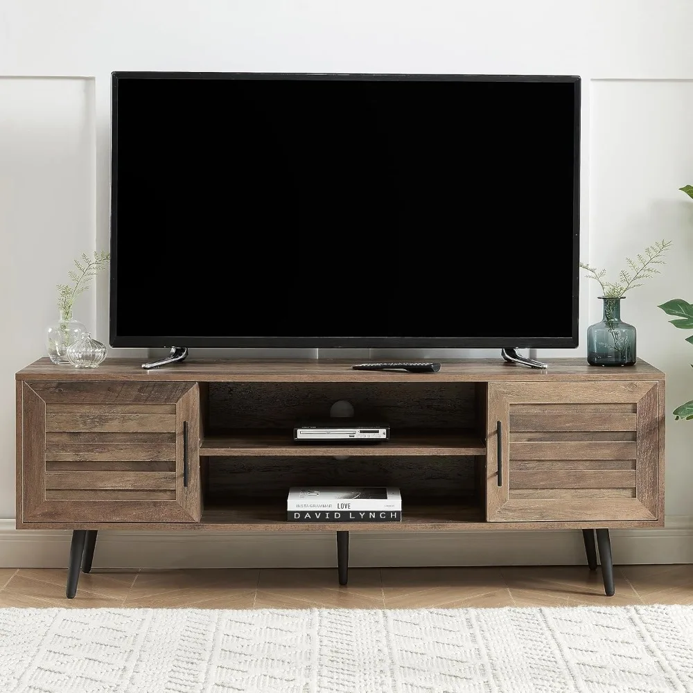 

Mid Century Wooden TV Stand Entertainment Console with Open Shelving and 2 Cabinets for Televisions up to 65 Inches