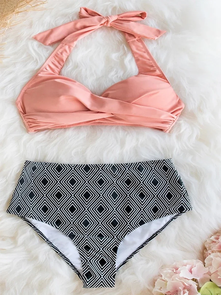 Бикини с лямкой на шее 2024, женский купальник с крестом, ромбовидная клетка, сексуальный купальник с высокой талией, женский купальный костюм, летняя пляжная одежда