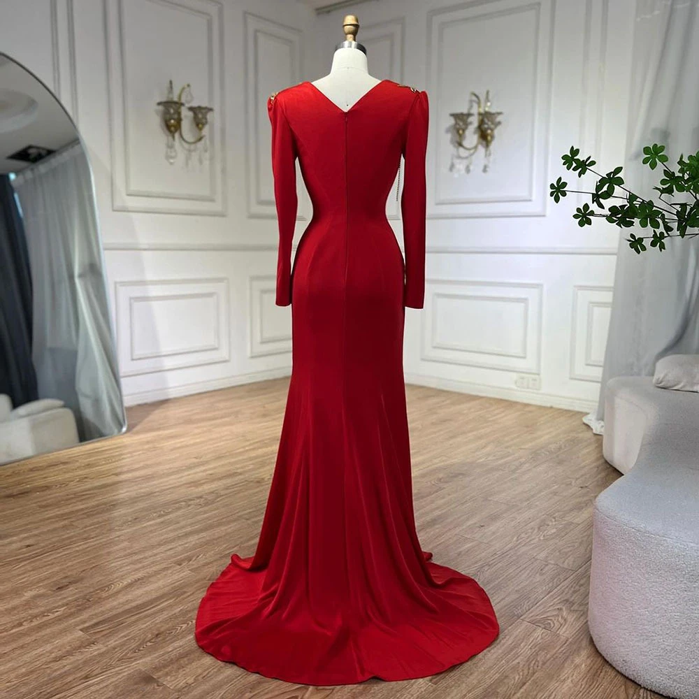 Real Images Red Long Prom Dress Full Sleeves V Neck Formal Occasion Dresses For Women With Handsewn Beaded Elegant Party Gown